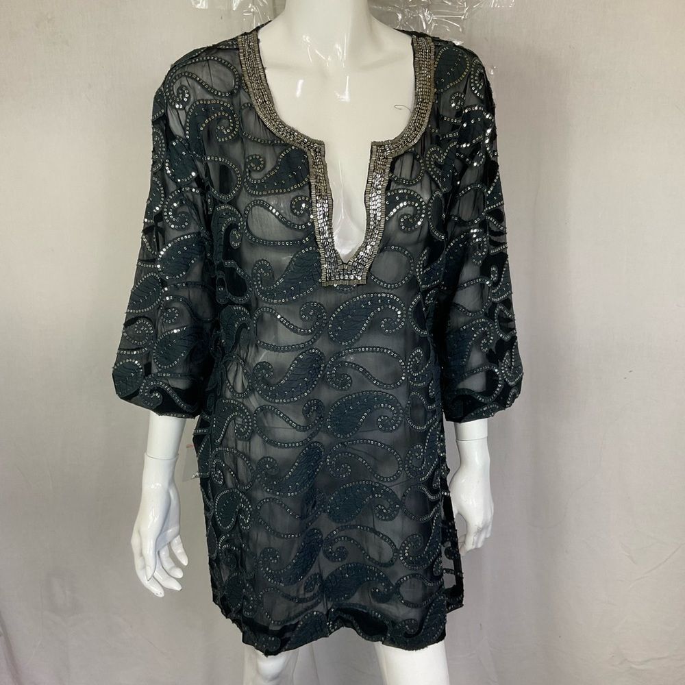 NEW Le Soleil Black Tanya Sequin Paisley Sheer Silk Swim Cover Up Dress Size XL